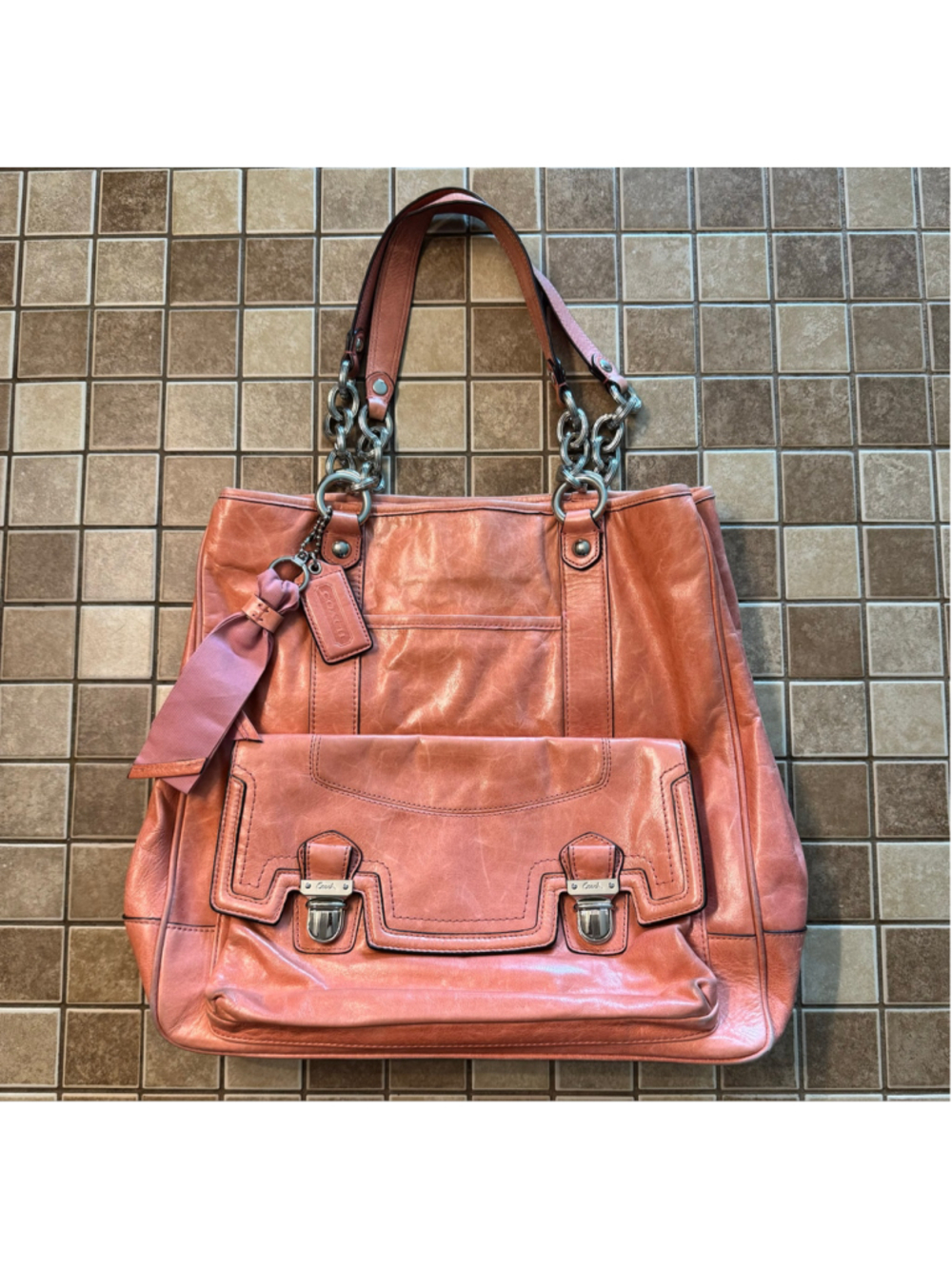 Women's Coach Leather Tote Bag One Size Pink Silver